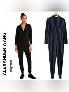 T - ALEXANDER WANG Women's Long-Sleeve Button Down Jumpsuit With Leather Accents